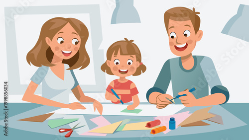 Family creating handmade crafts together at home with colorful paper and glue