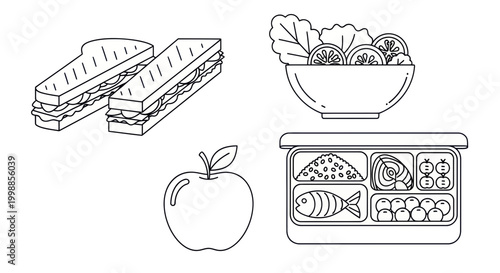 Healthy Lunchbox Food Icons: Sandwiches, Salad, Apple, and Bento Box