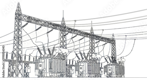 Electrical Substation, Power Lines, Transformers, High Voltage Transmission Towers, Industry