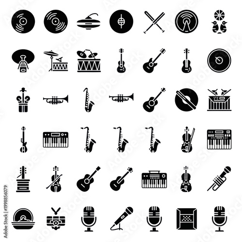 Music Instruments, Audio Equipment, and Vinyl Records Icon Set