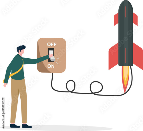 Professional activating project launch with rocket power switch