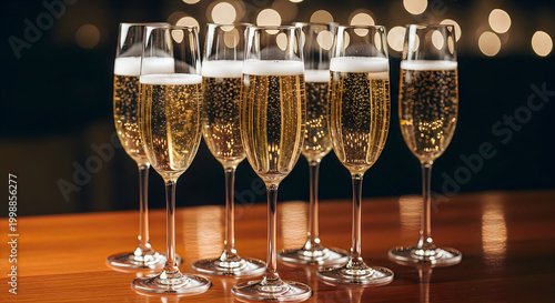 Five champagne flutes with bubbly on wooden surface illustration