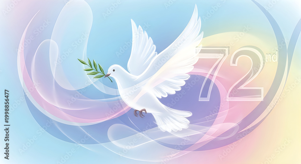Fototapeta premium White dove flying with olive branch in soft pastel background illustration