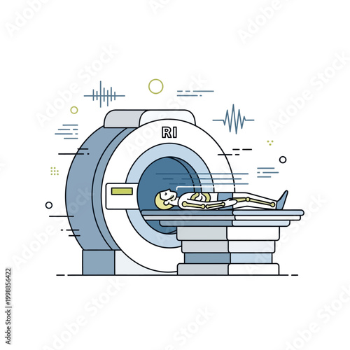 MRI Scan Machine and Patient Lying Down, Medical Diagnostic Equipment Illustration