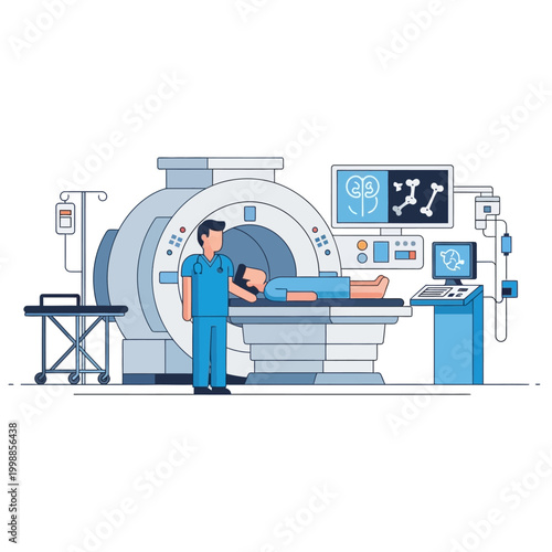 MRI Scan Procedure: Patient Lying in Machine with Technician Monitoring Medical Imaging