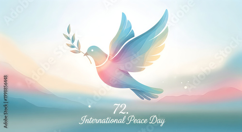 Peace dove flying with olive branch in soft sky background illustration