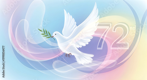 White dove flying with olive branch in soft pastel background illustration