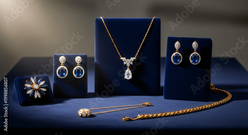 Elegant jewelry set with necklace, earrings, bracelet, and brooch on display illustration