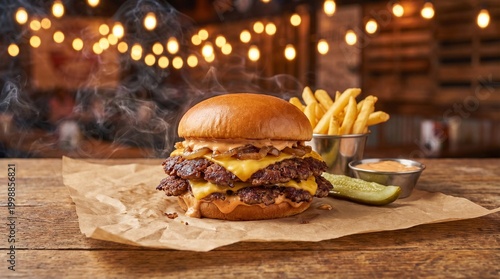 American Bbq Grilling Smash Burger Double Stack with Caramelized Onions and Specia