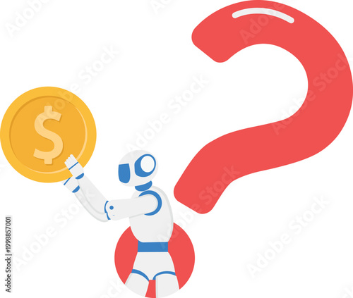 Robot finding financial wealth with money coin and query