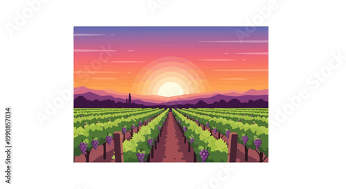 Pixel Art Vineyard Landscape at Sunset with Rolling Hills and Grapes