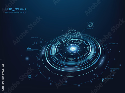 Futuristic HUD interface glowing 3D wireframe sphere over circular holographic data displays. Sci-fi digital visualization system scans and UI elements
