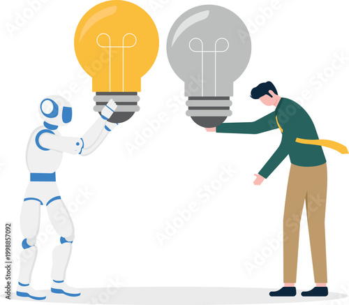 Robot and human comparing lightbulb ideas together