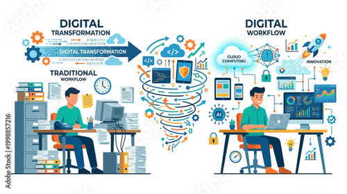 Programmer works on coding at desk with digital transformation workflow