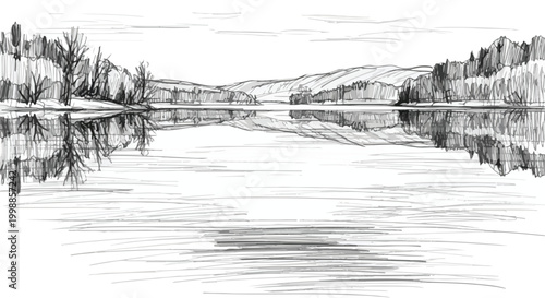 Vintage hand drawn lake landscape vector, serene mountain lake reflection sketch, black and white nature scenery illustration, rustic wilderness pond