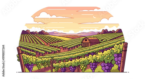Pixel Art Vineyard Landscape with Grapes and Barn at Sunset
