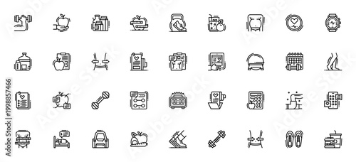 Healthy lifestyle icon set. Fitness and nutrition vector icons pack. Includes symbols for exercise, diet, weight, heart rate, recovery, healthy food and more. Editable stroke.