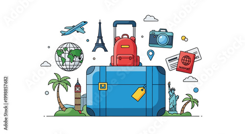 Travel and Vacation Icons: Suitcase, Globe, Landmarks, Camera, Passport, Airplane