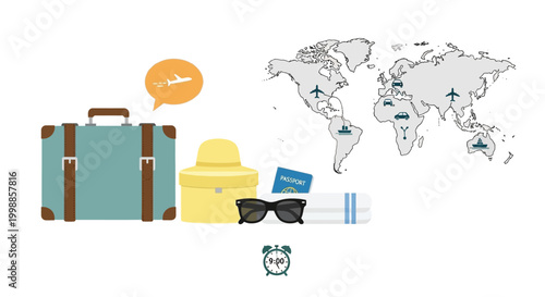 Travel concept: suitcase, hat, sunglasses, passport, map with transport icons