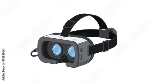 A virtual reality headset sits on a plain surface with straps and lenses visible
