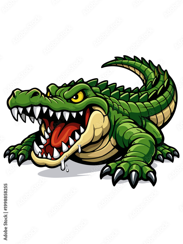 Fototapeta premium Cartoon illustration of a ferocious crocodile with an open mouth and sharp teeth.