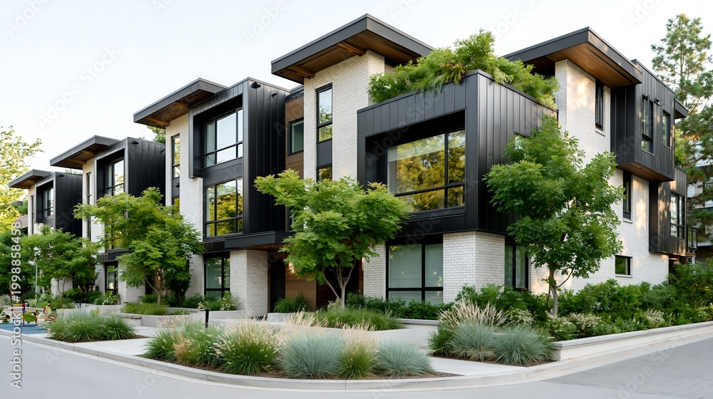 Fototapeta premium Modern townhouses with black-framed windows. Green trees line the landscaped front yard. Low shrubs and grasses surround the sidewalk
