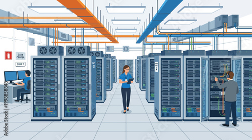 Server data center with technicians operating and maintaining large computer racks