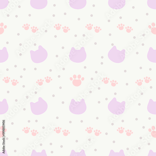 Cute Purple Cat and pink cat's paw Seamless Pattern for Baby's room wallpaper, Pattern for Baby's Fabric or Kawaii Background