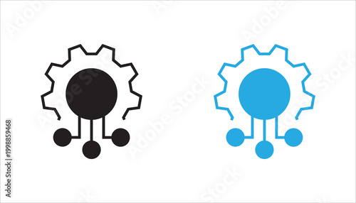 Minimal line icon of a gear combined with connected nodes, representing system integration, automation, and network connectivity in modern technology and digital infrastructure.