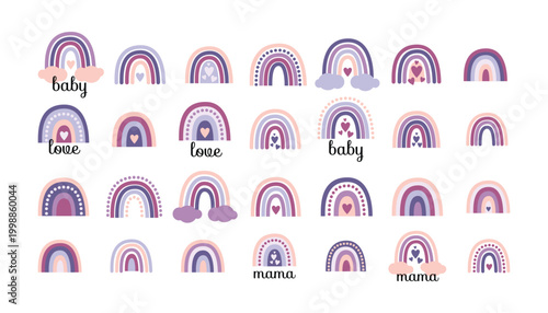 Boho rainbow illustrations with clouds and text for baby and mama.