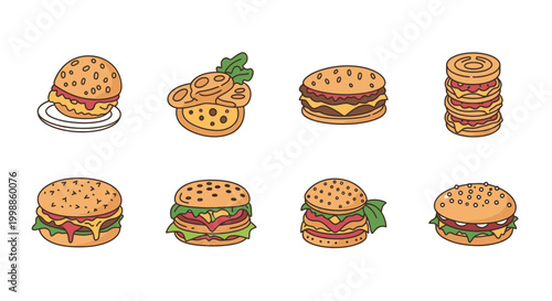 Hamburgers in various forms stacked.