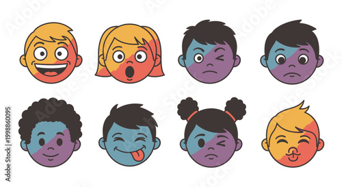 Diverse cartoon faces with expressions.