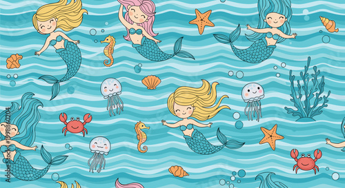 Whimsical seamless pattern with cute mermaids and sea creatures like crabs and jellyfish swimming in the deep ocean.