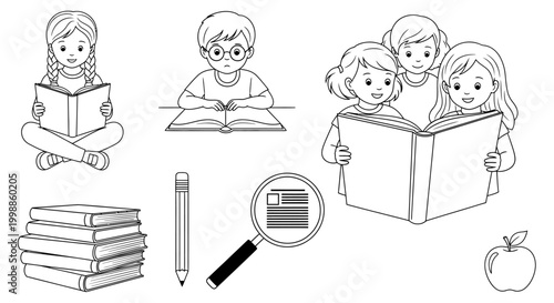 Children reading books together happily.