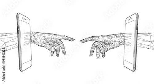 Futuristic digital connection concept showing two wireframe hands touching from opposite smartphone screens.