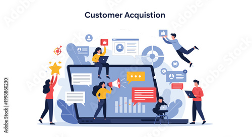 Business people collaborating on a customer acquisition strategy with a large laptop and social media icons.