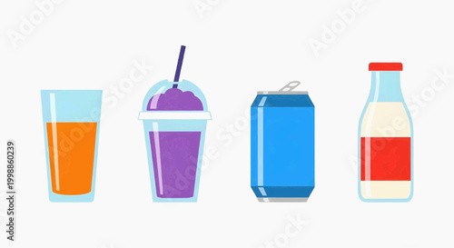 Beverage icons simple flat juice glass smoothie cup soda can milk bottle shapes solid colors minimal vector clean design evenly spaced white background