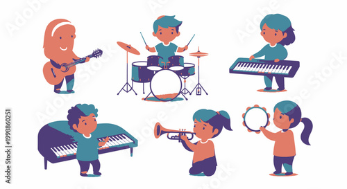 Cartoon musicians playing various instruments together.
