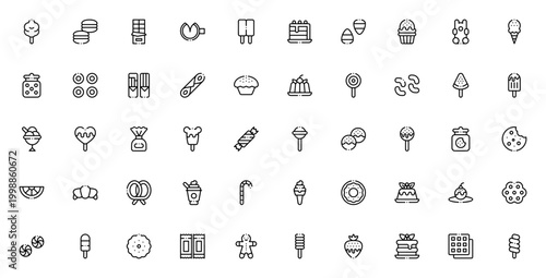 Desserts and Candies icon set. Vector illustration of sweet treats including cake, ice cream, candy, cupcake, cookie and more. Editable stroke.