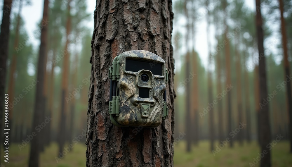 Obraz premium Camouflage trail camera is fixed on rough tree trunk in forest. Device monitors animal movement using motion sensor. Remote nature observation tool blends with bark.