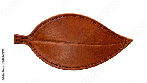 Stitched brown leaf shaped leather craft piece with natural texture isolated on transparent white background