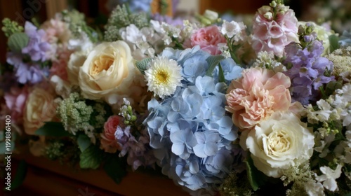Beautiful arrangement of pastel flowers with soft hues of blue, pink, and white, showcasing delicate petals and lush greenery for floral decoration