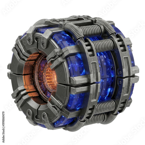 Futuristic energy core technology glowing blue and orange with metalli