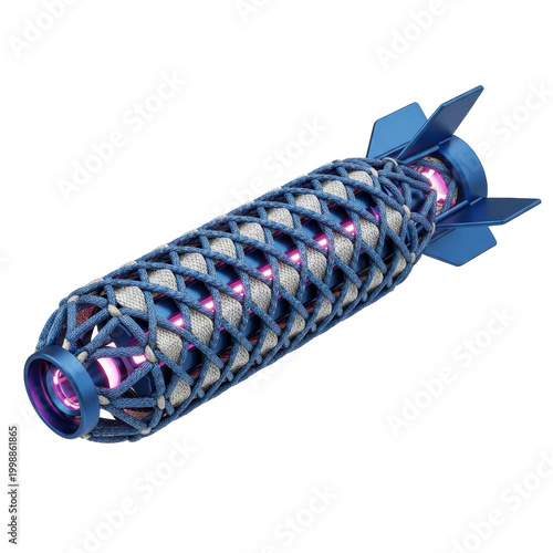 Futuristic bomb with glowing core and woven exterior