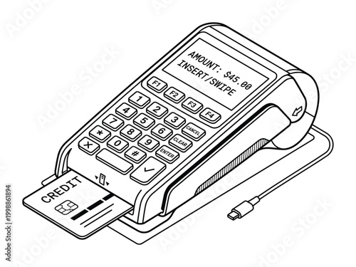 Point of Sale Device with Credit Card Inserted, Displaying Transaction Amount and Payment Prompt