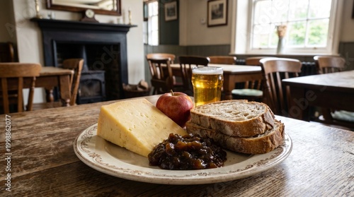 British Uk Food Ploughman's Lunch with Mature Cheddar, Branston Pickle, Crusty