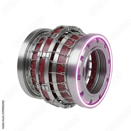 Futuristic device with metal chains and glowing purple light