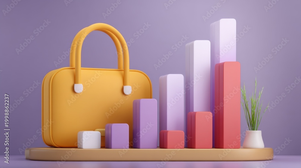 Obraz premium Colorful 3D Business Chart with Bag and Plant for Success, Growth, Finance, and Marketing Strategies in Modern Digital Landscape