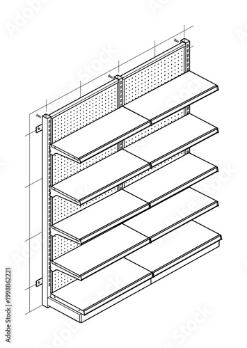 Isometric view of a retail gondola shelving unit with multiple tiers for product display.