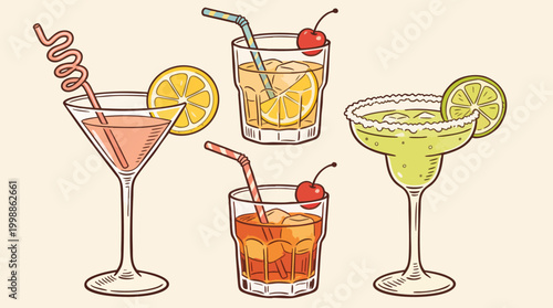 Vintage doodle cocktail glass set for bar menu, kitchen wall art and social media